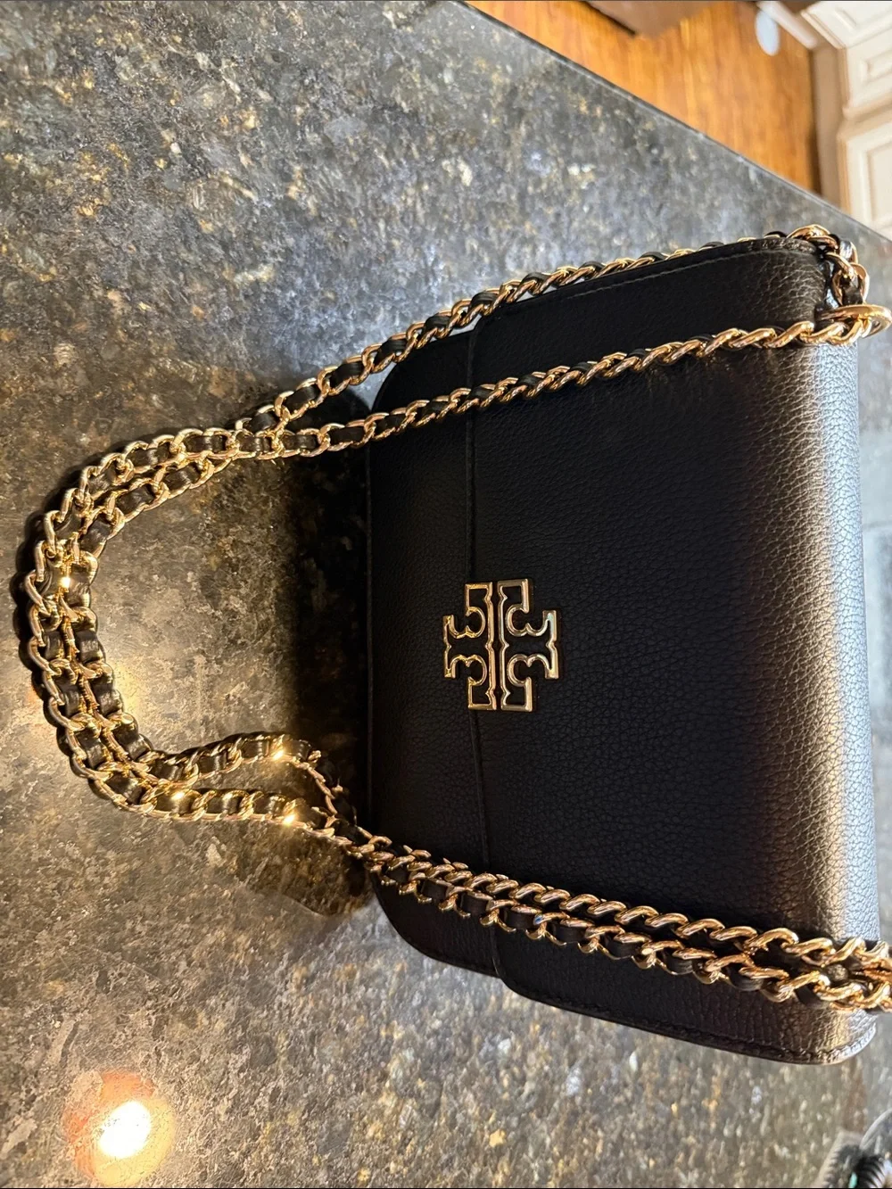 Tory Burch Black Pebbled Leather Crossbody with Gold Chain